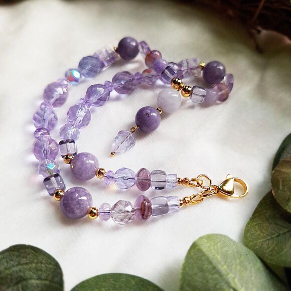 Lilac Aquamarine, Fluorite & Angelite Lariat Choker - 24k Gold Stainless Steel - Picture 6 of 16
